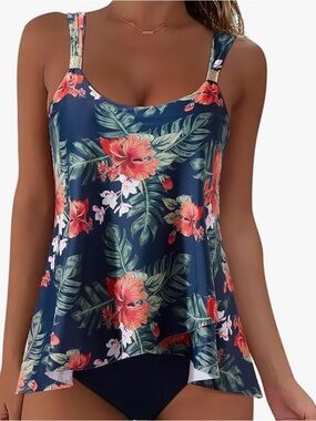 Floral Navy Tankini Top with Pink Hibiscus NWOT